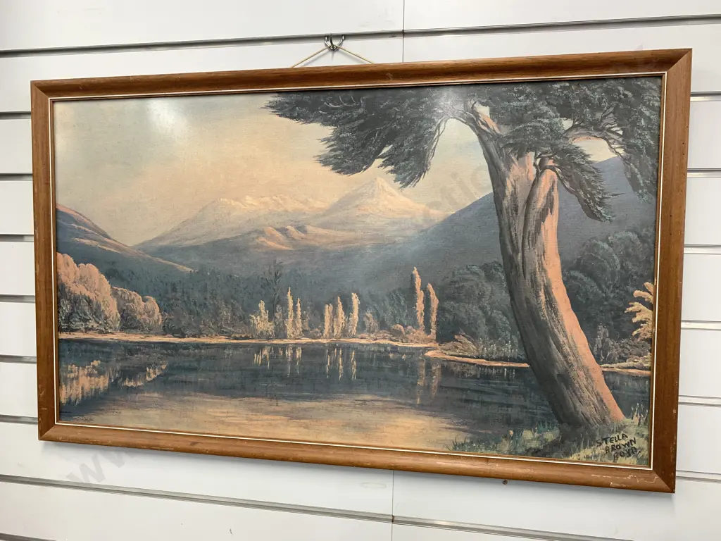 Large Vintage Framed Artwork By Stella Brown Boyd, Mountain & Lake Scene, H57cm Image 1++