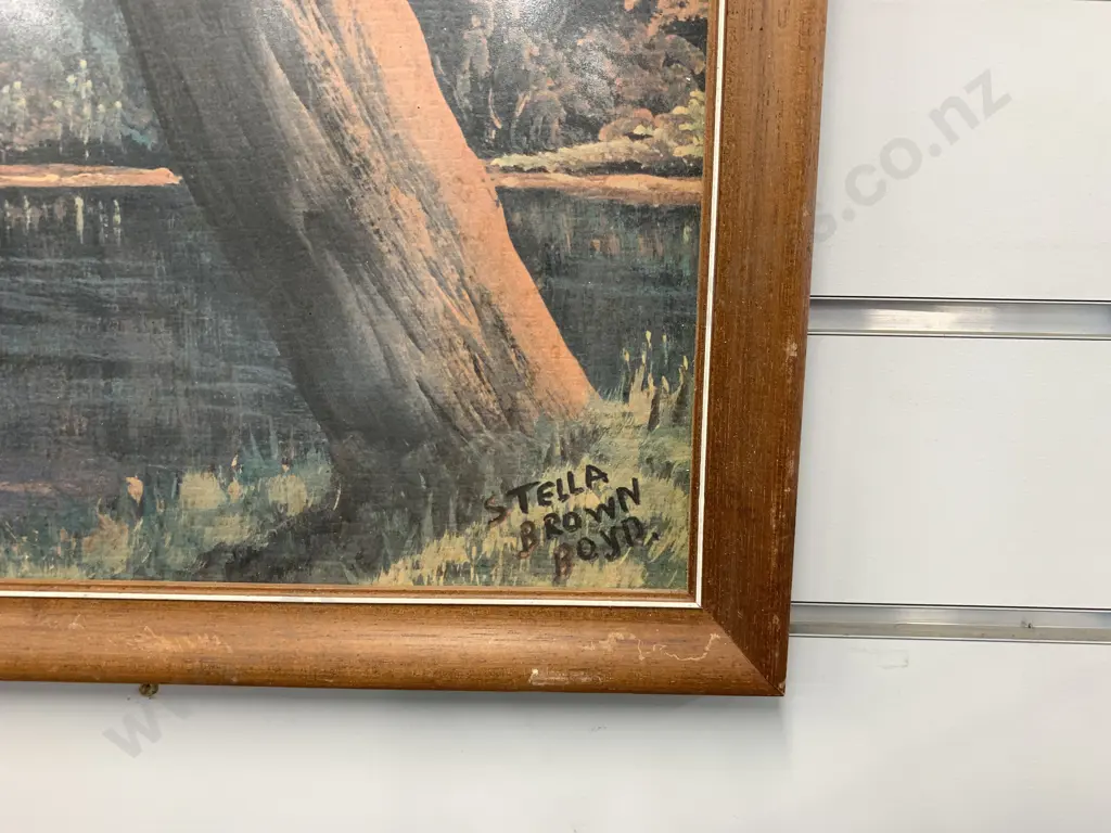 Large Vintage Framed Artwork By Stella Brown Boyd, Mountain & Lake Scene, H57cm Image 1++