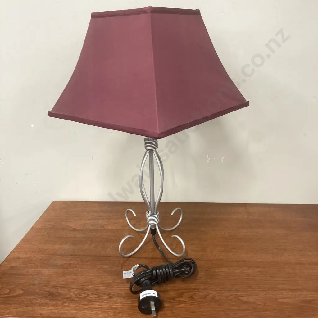 Freedom Furniture Alexandra Table Lamp, Pewter Colour Curved Steel, Sloped Square Burgundy & White Fabric Shade, H47cm Image 1++