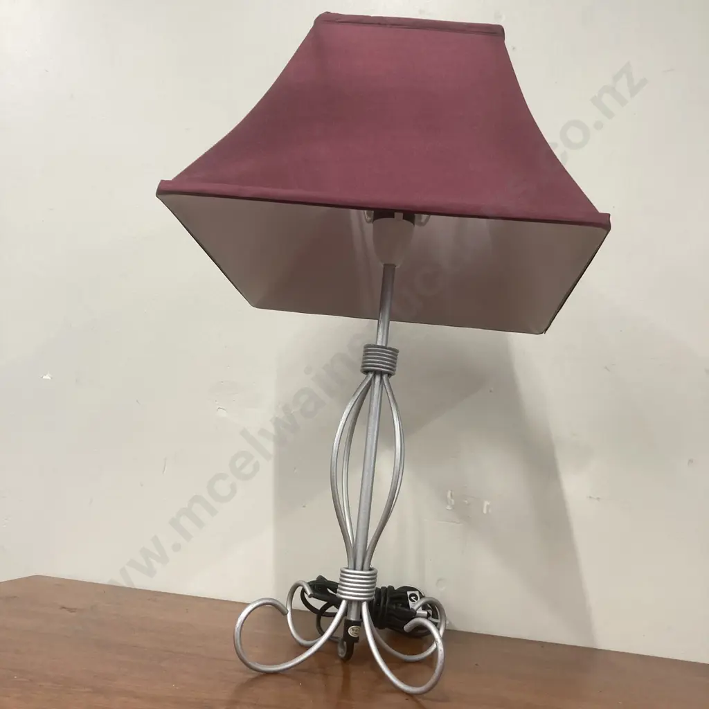 Freedom Furniture Alexandra Table Lamp, Pewter Colour Curved Steel, Sloped Square Burgundy & White Fabric Shade, H47cm Image 1++