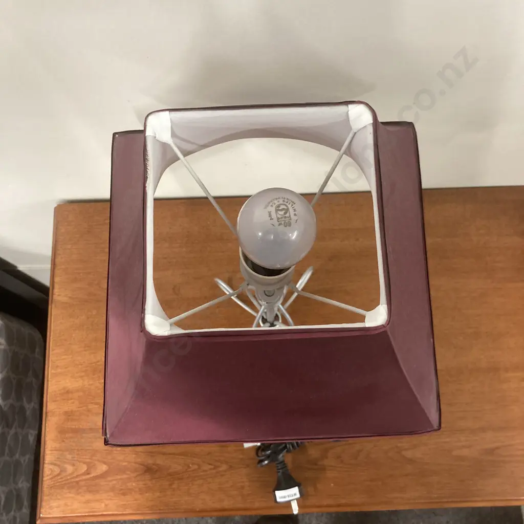 Freedom Furniture Alexandra Table Lamp, Pewter Colour Curved Steel, Sloped Square Burgundy & White Fabric Shade, H47cm Image 1++