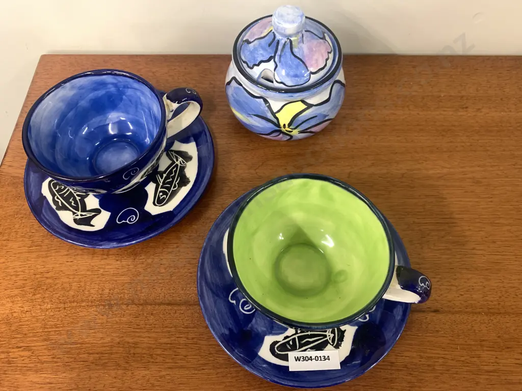 Assortment of NZ Pottery, Cup & Saucer x 2, Sugar Bowl, Signed Image 1++