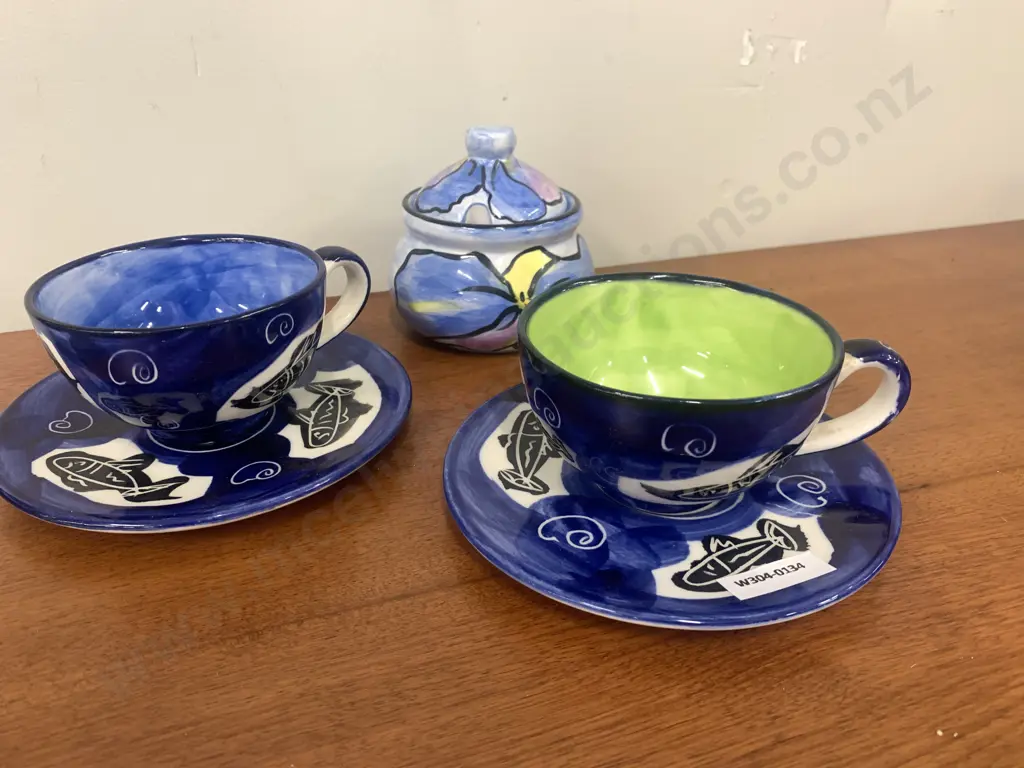 Assortment of NZ Pottery, Cup & Saucer x 2, Sugar Bowl, Signed Image 1++
