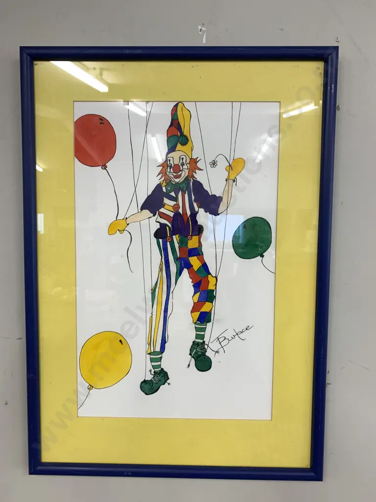 Navy Blue Framed Artwork Watercolour? Signed By Artist, Clown With Balloons, 62 x 44cm Image 1++