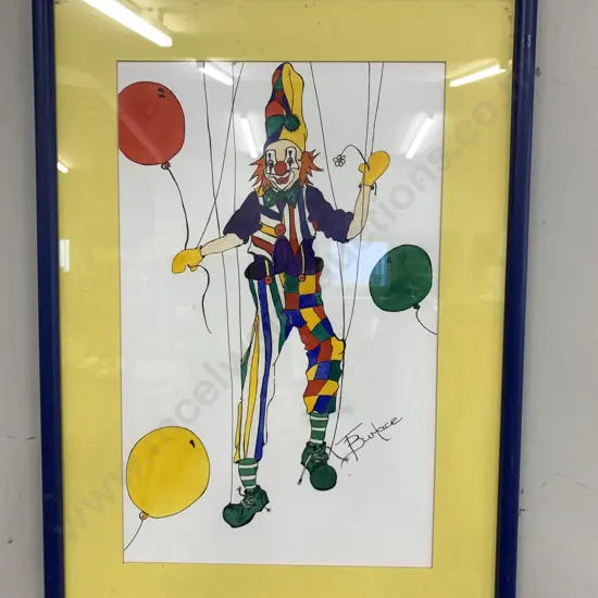 Navy Blue Framed Artwork Watercolour? Signed By Artist, Clown With Balloons, 62 x 44cm