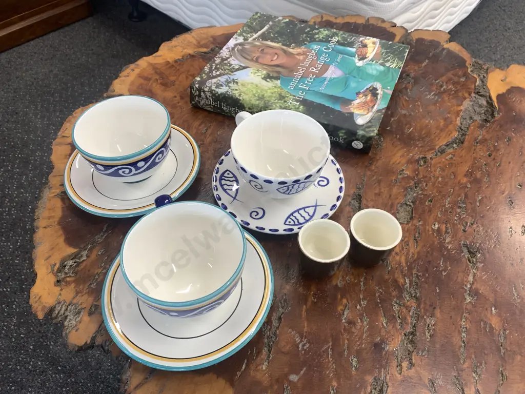 Annabel Langbein 'The Free Range Cook' Book With Crown Lynn Egg Cups, Living Art Cups & Saucers Etc Image 1++