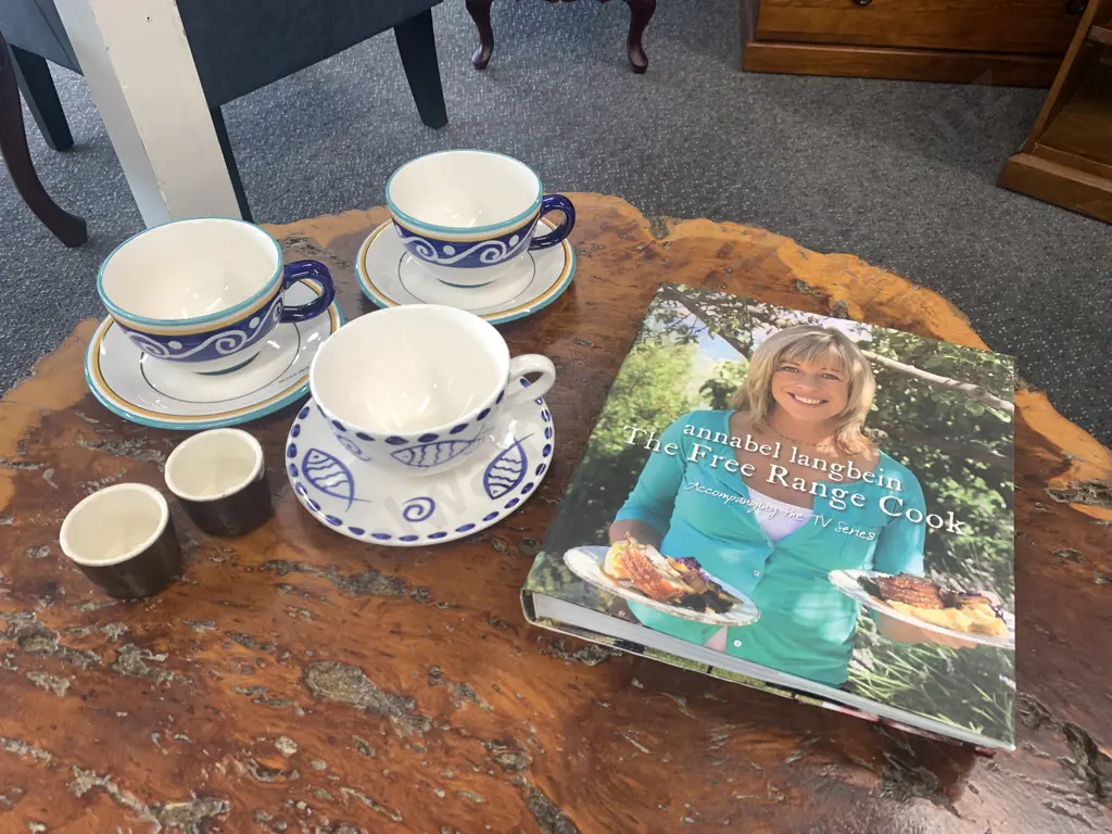 Annabel Langbein 'The Free Range Cook' Book With Crown Lynn Egg Cups, Living Art Cups & Saucers Etc Image 1++