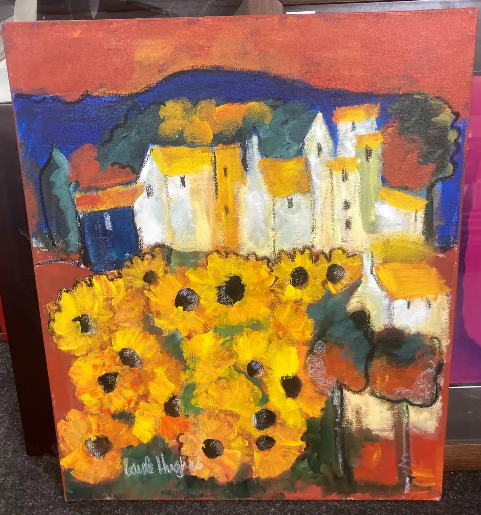 Original Artwork On Canvas of Sunflowers & Cream Buildings Signed by The Artist, 60 x 50cm Image 1++