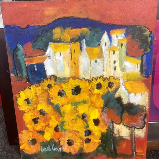 Original Artwork On Canvas of Sunflowers & Cream Buildings Signed by The Artist, 60 x 50cm