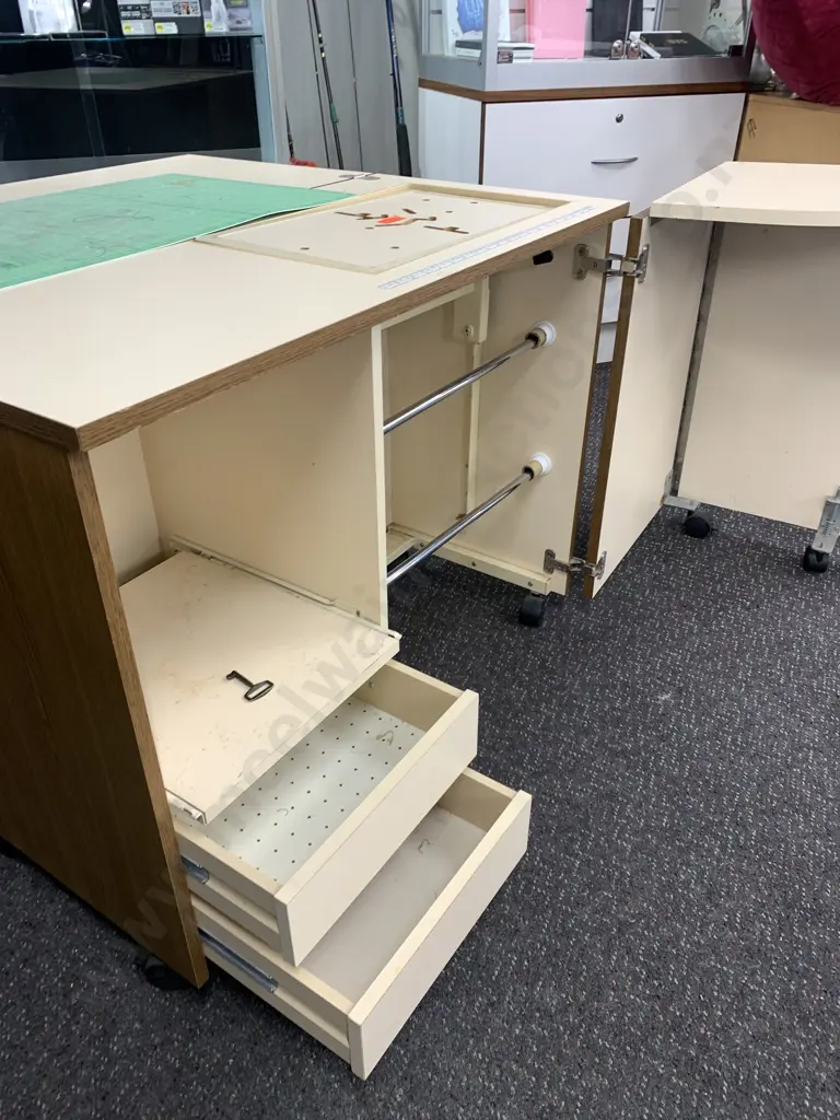 Oak Effect Sewing Cabinet, Fold On Table Top & Drawer Side Piece, Lockable With Key, H48 W97 D46cm Image 1++