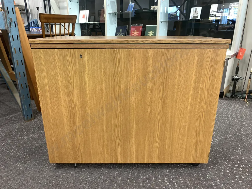 Oak Effect Sewing Cabinet, Fold On Table Top & Drawer Side Piece, Lockable With Key, H48 W97 D46cm Image 1++