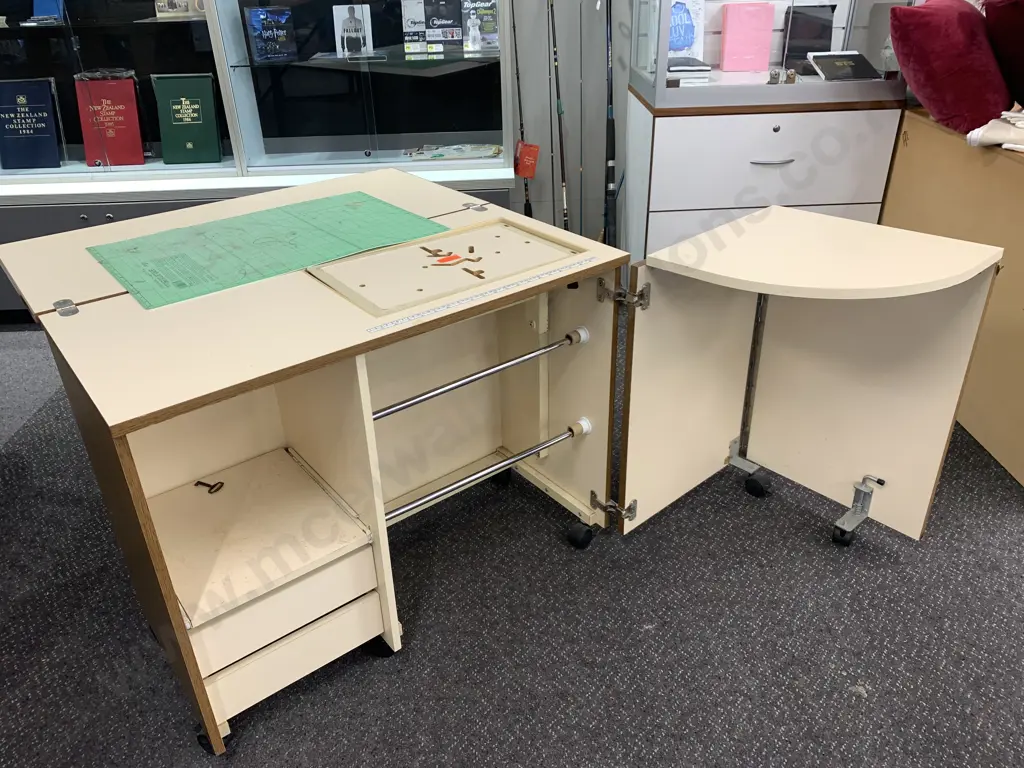 Oak Effect Sewing Cabinet, Fold On Table Top & Drawer Side Piece, Lockable With Key, H48 W97 D46cm Image 1++