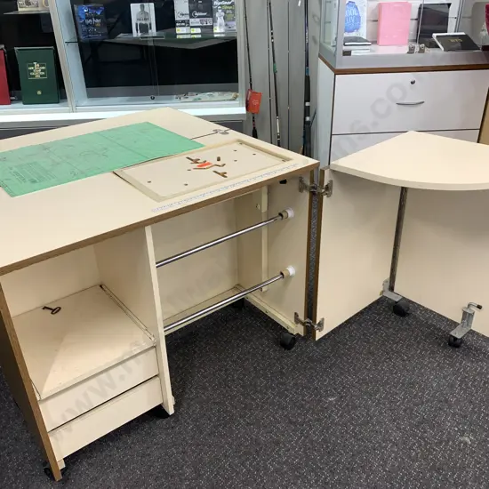 Oak Effect Sewing Cabinet, Fold On Table Top & Drawer Side Piece, Lockable With Key, H48 W97 D46cm