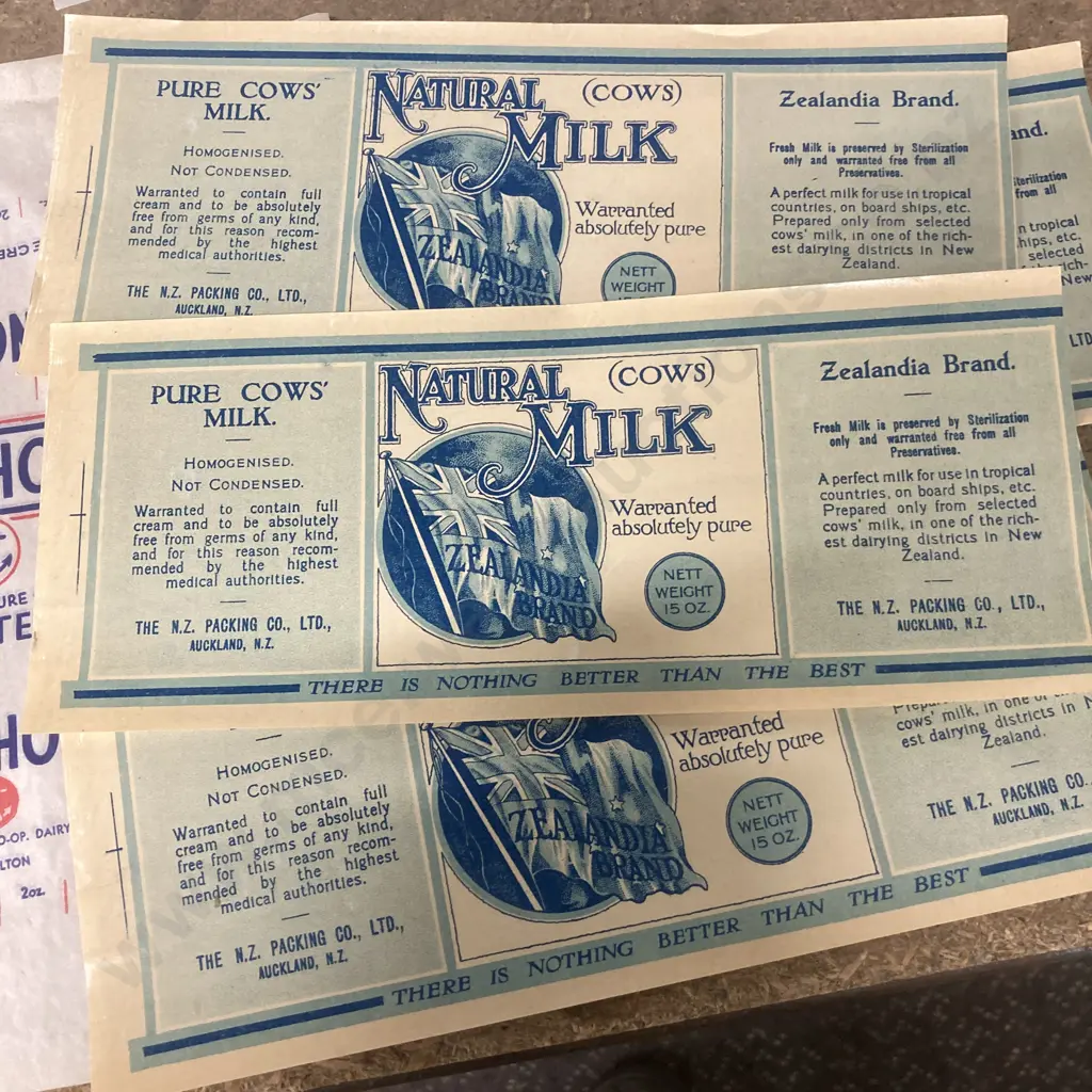 Vintage Labels, Zealandia Natural (Cows) MIlk, Crusader Unsweetened Condensed Milk, Anchor Butter Image 1++