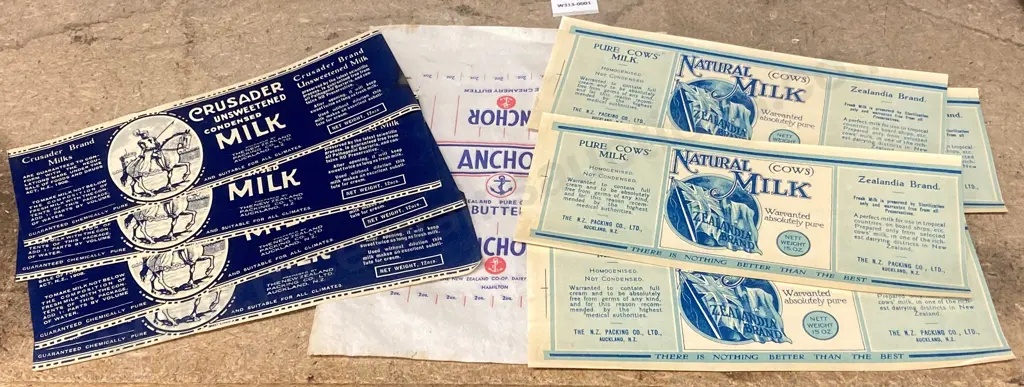 Vintage Labels, Zealandia Natural (Cows) MIlk, Crusader Unsweetened Condensed Milk, Anchor Butter Image 1++