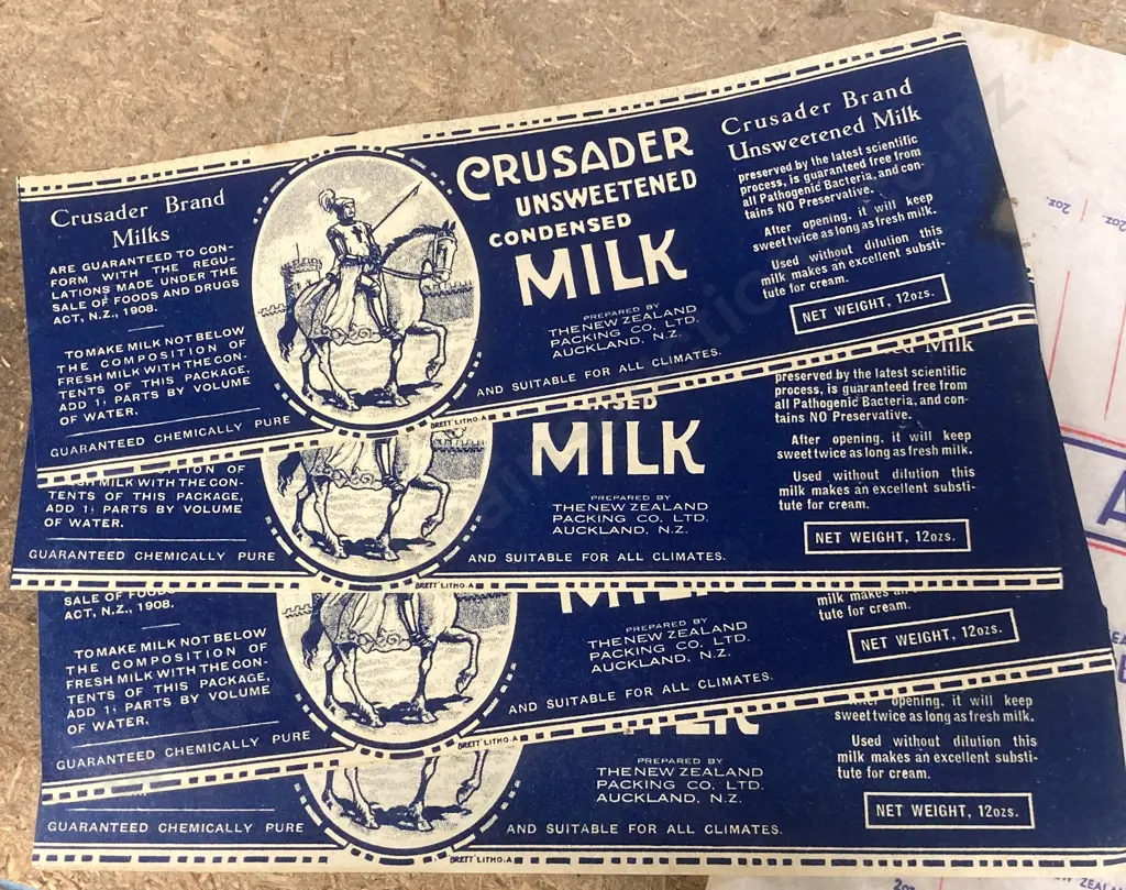 Vintage Labels, Zealandia Natural (Cows) MIlk, Crusader Unsweetened Condensed Milk, Anchor Butter Image 1++