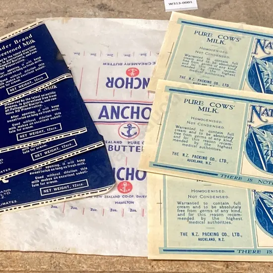 Vintage Labels, Zealandia Natural (Cows) MIlk, Crusader Unsweetened Condensed Milk, Anchor Butter
