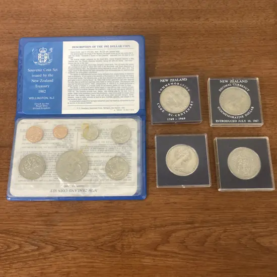 Lot of NZ UNC Coins,1982 Takahe Coin Set, 2 x Cased 1967 Decimal Currency Commemorative & 2 x Cook Bi-Centenary Dollars