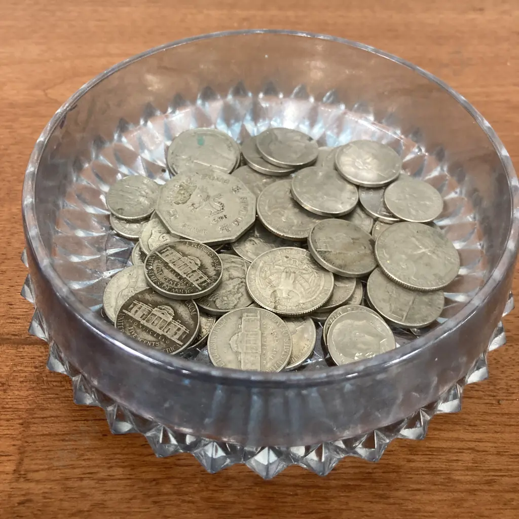 Assorted American Coins With A Hong Kong Five Dollar Coin In Blue Glass Container Image 1++