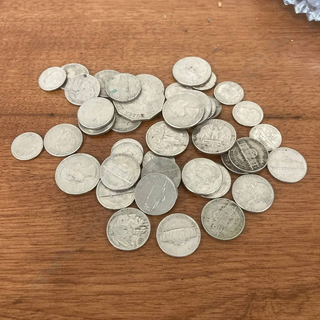 Assorted American Coins With A Hong Kong Five Dollar Coin In Blue Glass Container Image 1++