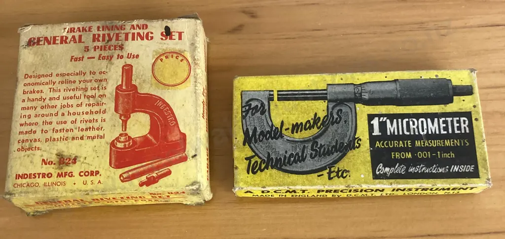 Vintage Indestro Brake Lining and General Riveting Set, No824, DCMT England 1" Micrometer, Original Boxes & Instructions Image 1++