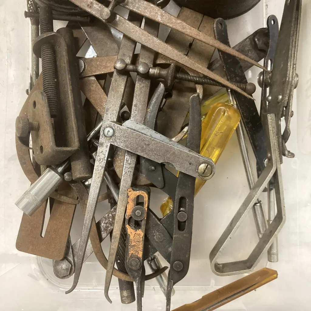 Bin of Vintage Tools, Augers, Calipers, Feeler Gauges Etc Image 1++