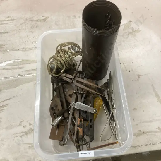 Bin of Vintage Tools, Augers, Calipers, Feeler Gauges Etc