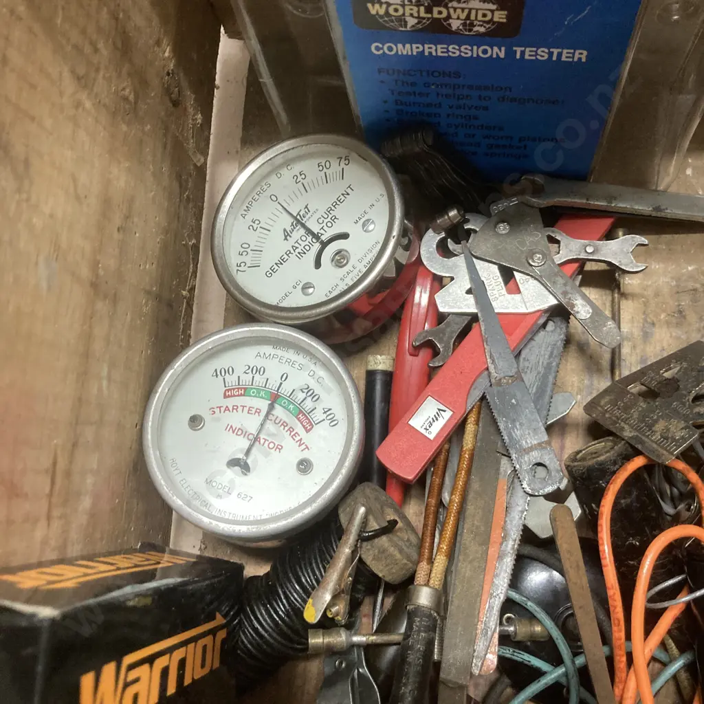Vintage Box & Electrical Items, USA 627 Starter Current Gauge, Compression Tester, Digital Calipers, Assorted Gauges Etc Image 1++