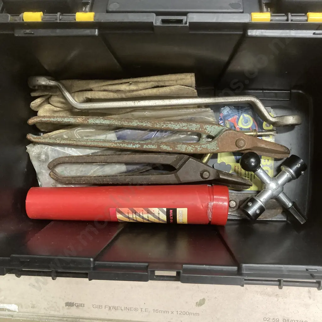 Arrow Tool Box With Internal Tray, Multi Wrench, Tin Snips, Spanner, Impact Driver Set, Drill Bits, Allen Keys Etc Image 1++