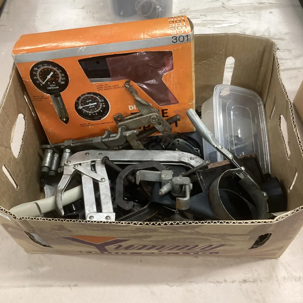 Box Lot Dixco 301 Tune Up Set, Seat Belts, NUts & Bolts, Assorted Tools Etc Image 1++