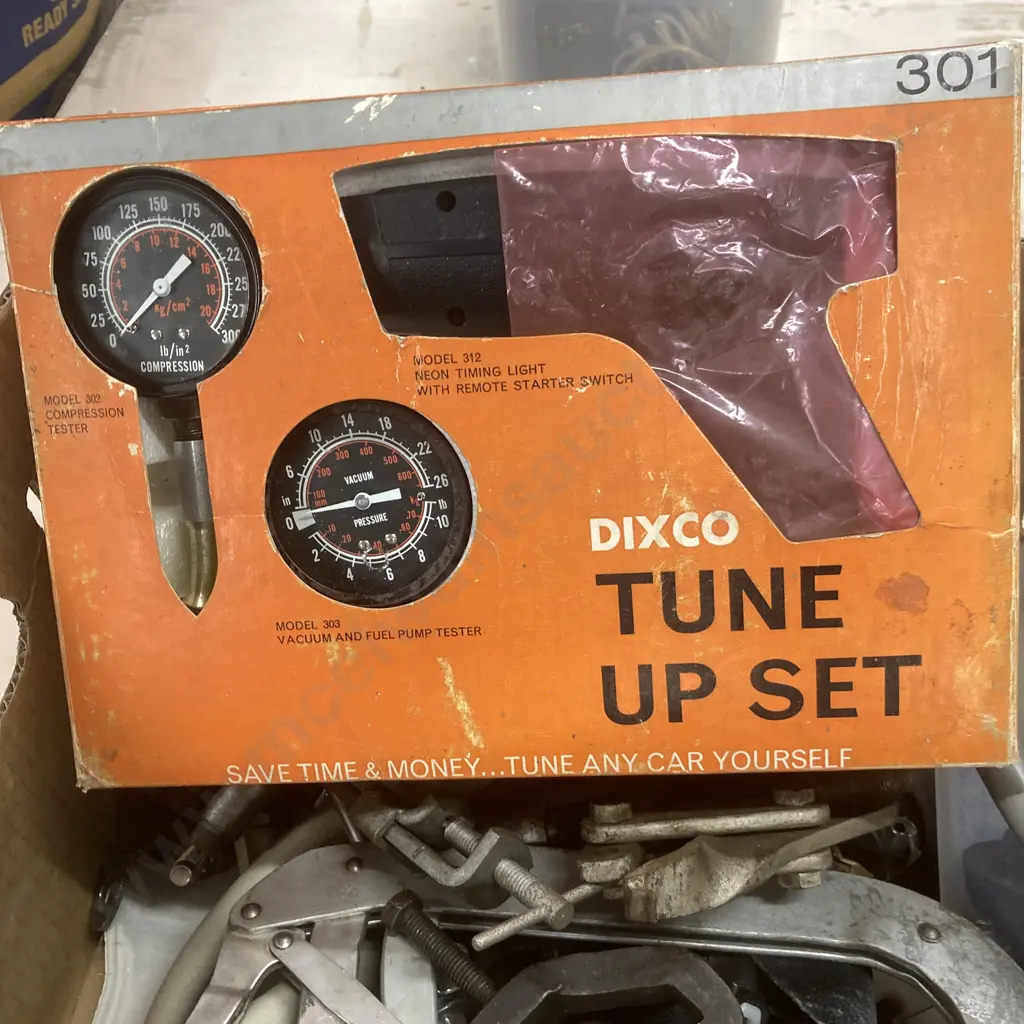 Box Lot Dixco 301 Tune Up Set, Seat Belts, NUts & Bolts, Assorted Tools Etc Image 1++