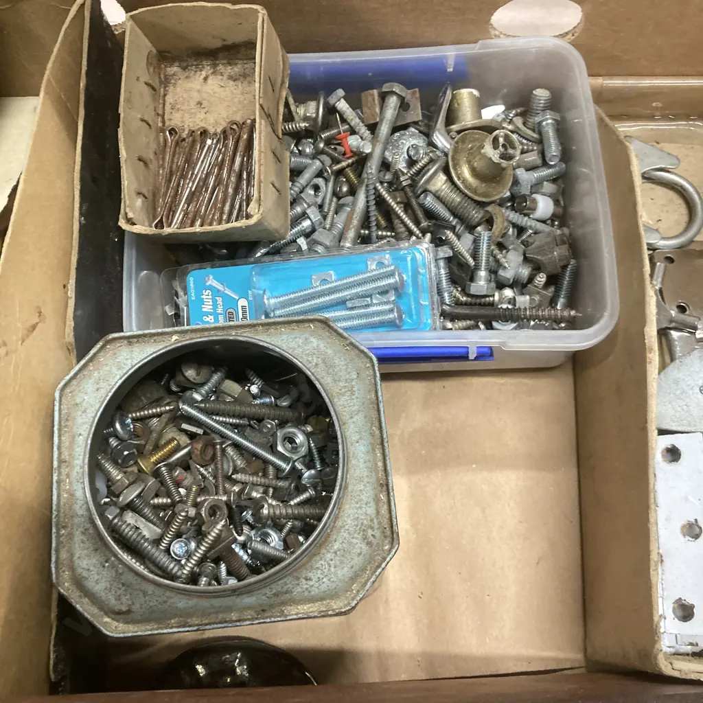 Box Lot Hardware, Nuts & Bolts, Split Pins, Paint Brushes Etc Image 1++