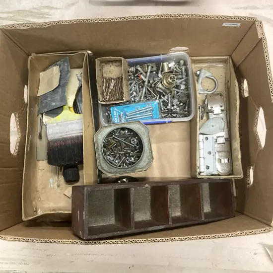 Box Lot Hardware, Nuts & Bolts, Split Pins, Paint Brushes Etc