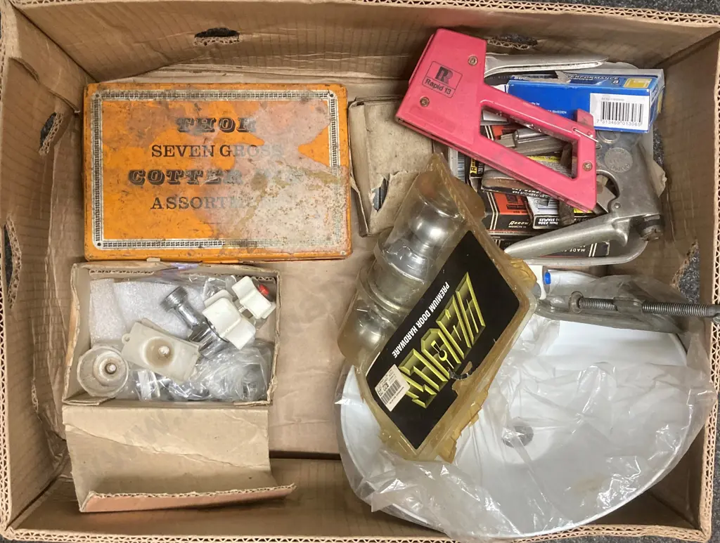 Box Lot Staple Guns, Staples, Hardware, Tapware, Thor Cotter Pin Assortment, Light Shades Etc Image 1++