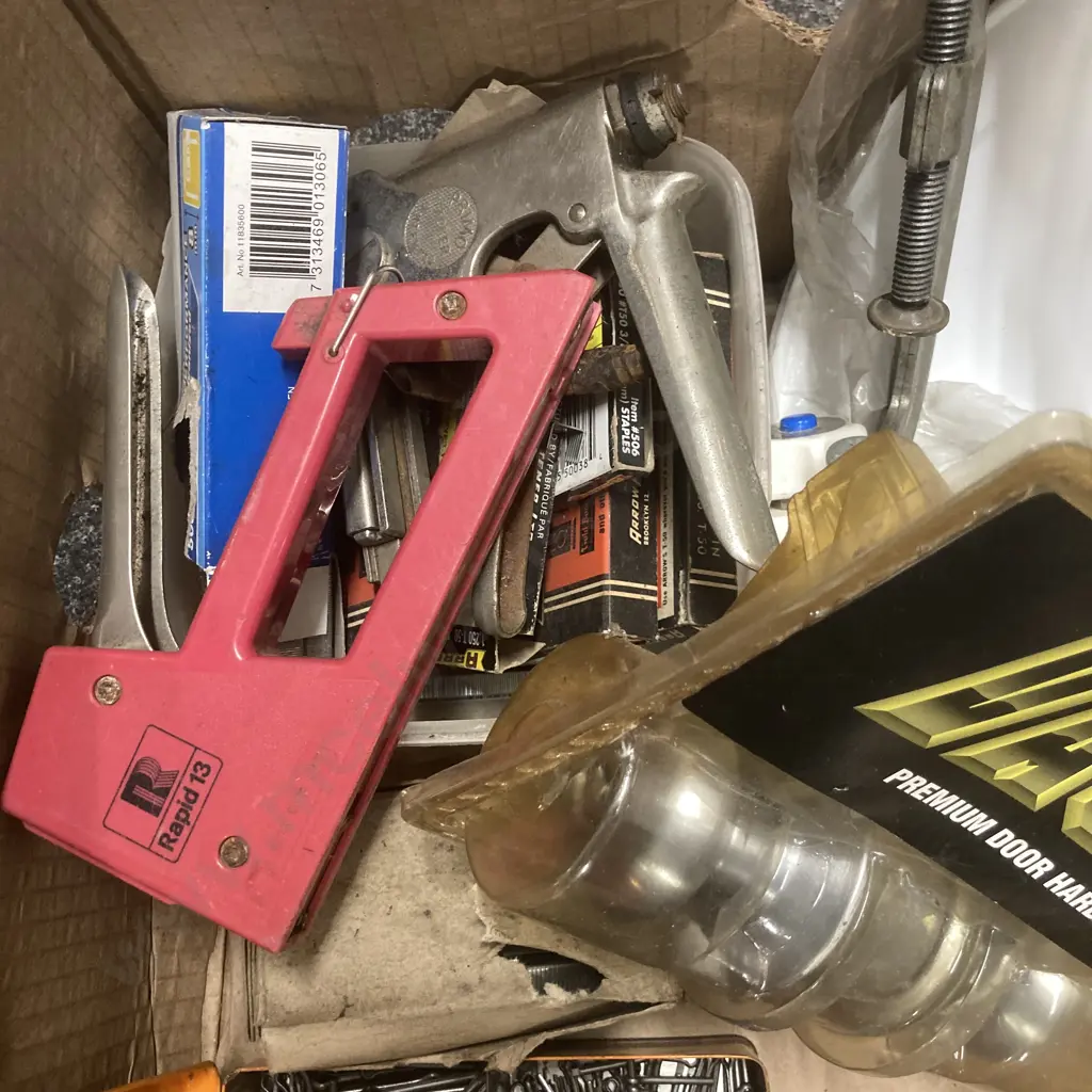 Box Lot Staple Guns, Staples, Hardware, Tapware, Thor Cotter Pin Assortment, Light Shades Etc Image 1++