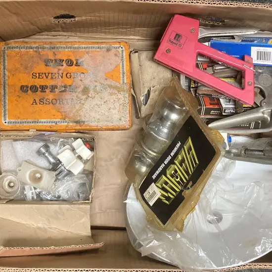 Box Lot Staple Guns, Staples, Hardware, Tapware, Thor Cotter Pin Assortment, Light Shades Etc