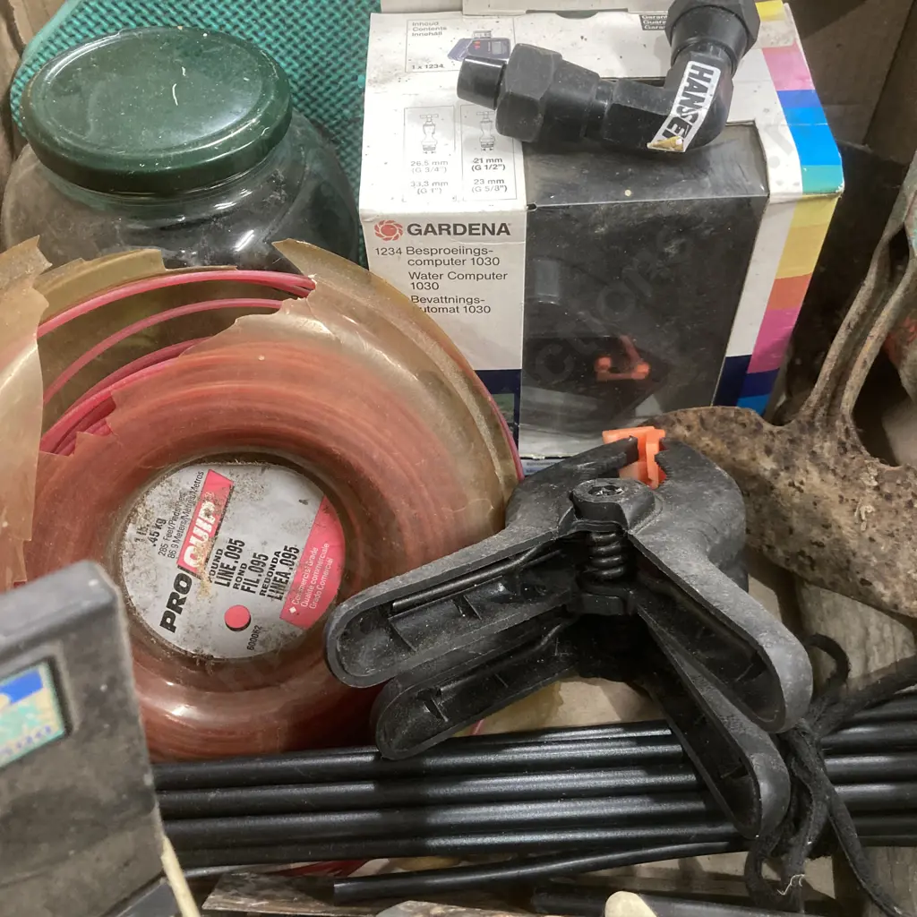Box Lot Water Timers, Garden Tools, Trimmer Line, Hose Fittings, Garden Sundries Image 1++