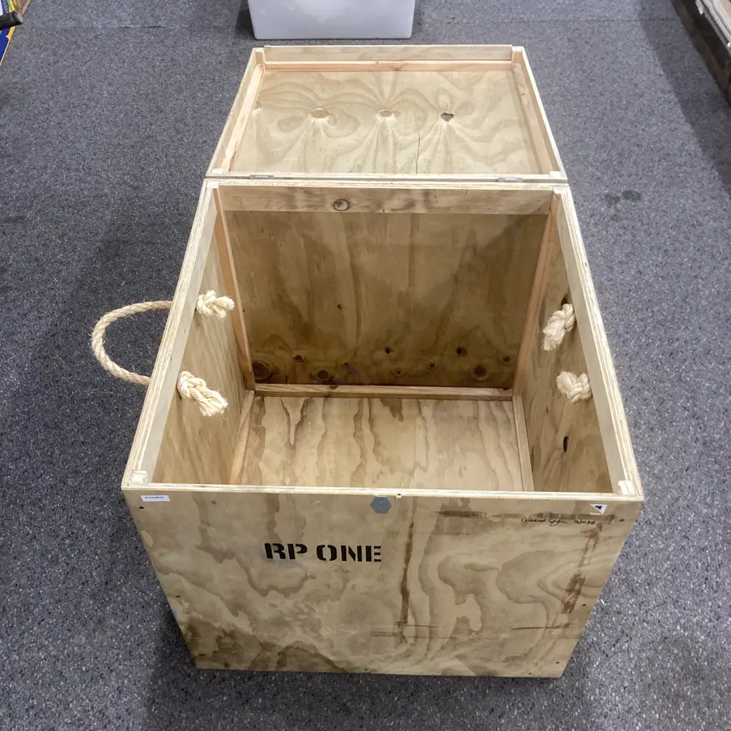 Plywood Box With Hinged Lid & Rope Handles, H59.5 W59.5 D59.5cm Image 1++