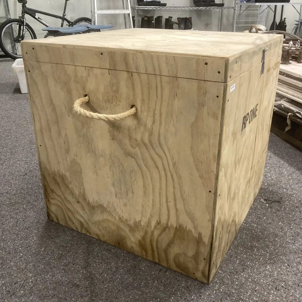 Plywood Box With Hinged Lid & Rope Handles, H59.5 W59.5 D59.5cm Image 1++