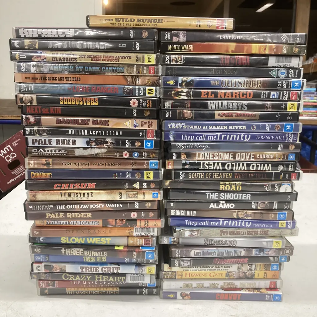DVDs x 55, Assorted Westerns, True Grit, Crazy Heart, Kung Fu, The Wild Bunch, Chisum, Next Of Kin, Etc Image 1++