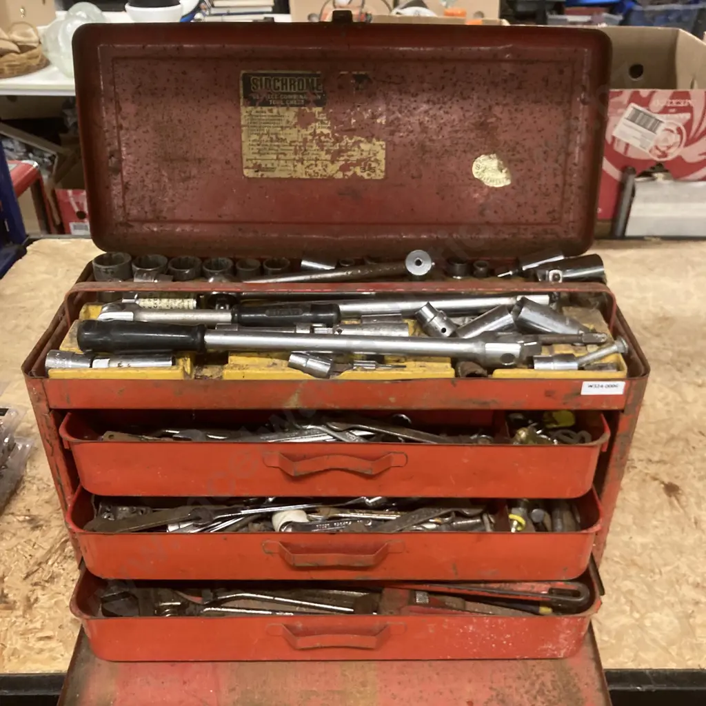 Sidchrome Steel Toolbox, 3 Drawer & Tray, Sockets, Wrenches, Spanners, Crescents, Pipe Wrench, Multi Grips Etc Image 1++