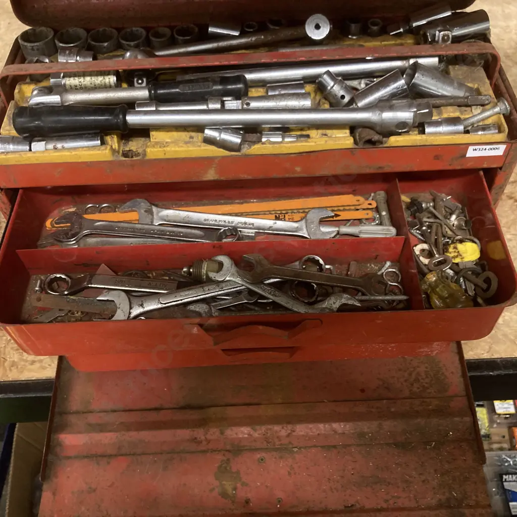 Sidchrome Steel Toolbox, 3 Drawer & Tray, Sockets, Wrenches, Spanners, Crescents, Pipe Wrench, Multi Grips Etc Image 1++
