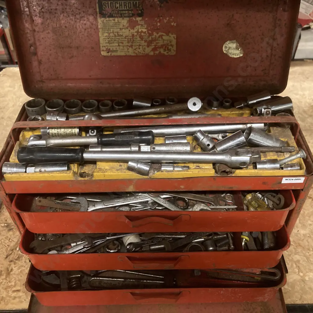 Sidchrome Steel Toolbox, 3 Drawer & Tray, Sockets, Wrenches, Spanners, Crescents, Pipe Wrench, Multi Grips Etc Image 1++