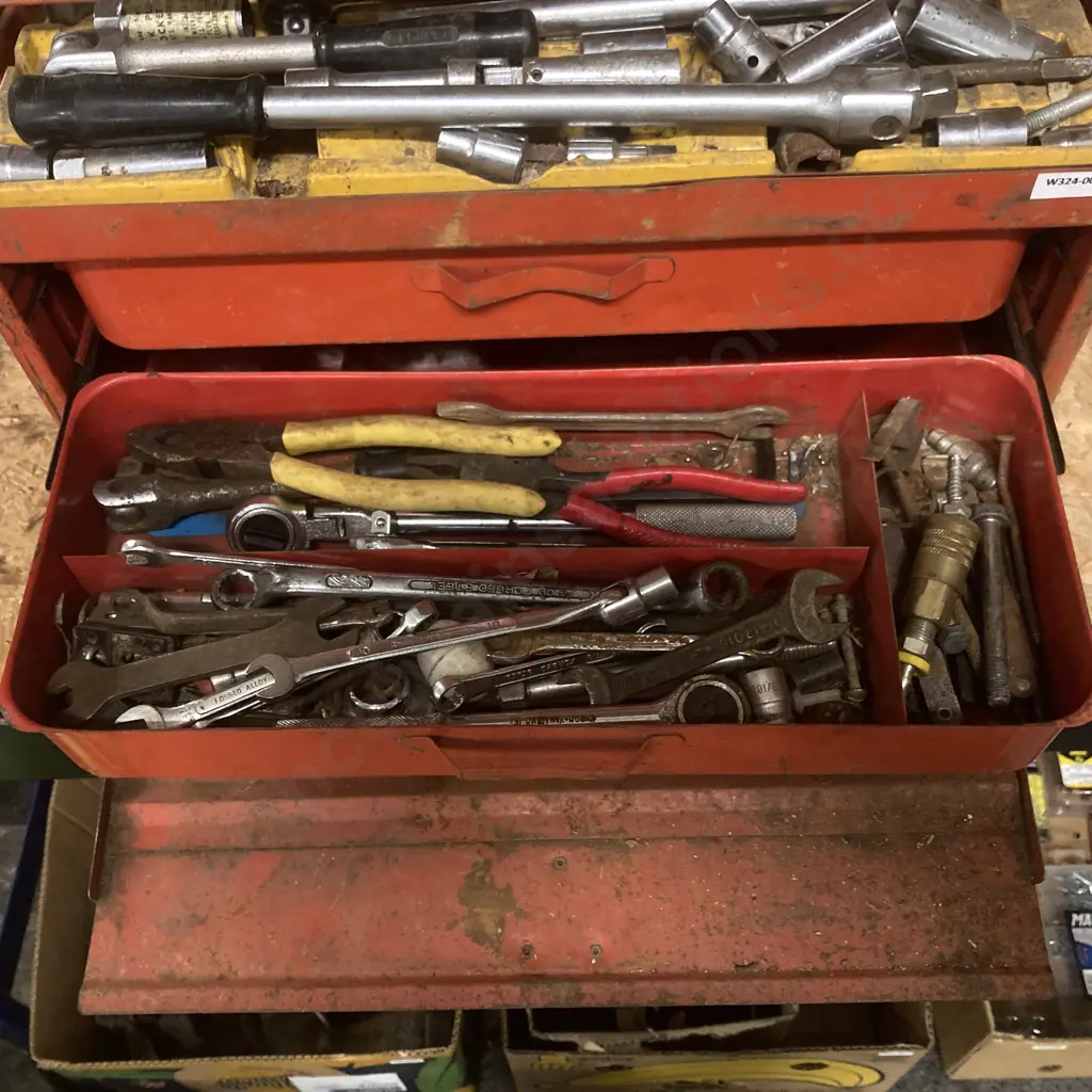 Sidchrome Steel Toolbox, 3 Drawer & Tray, Sockets, Wrenches, Spanners, Crescents, Pipe Wrench, Multi Grips Etc Image 1++