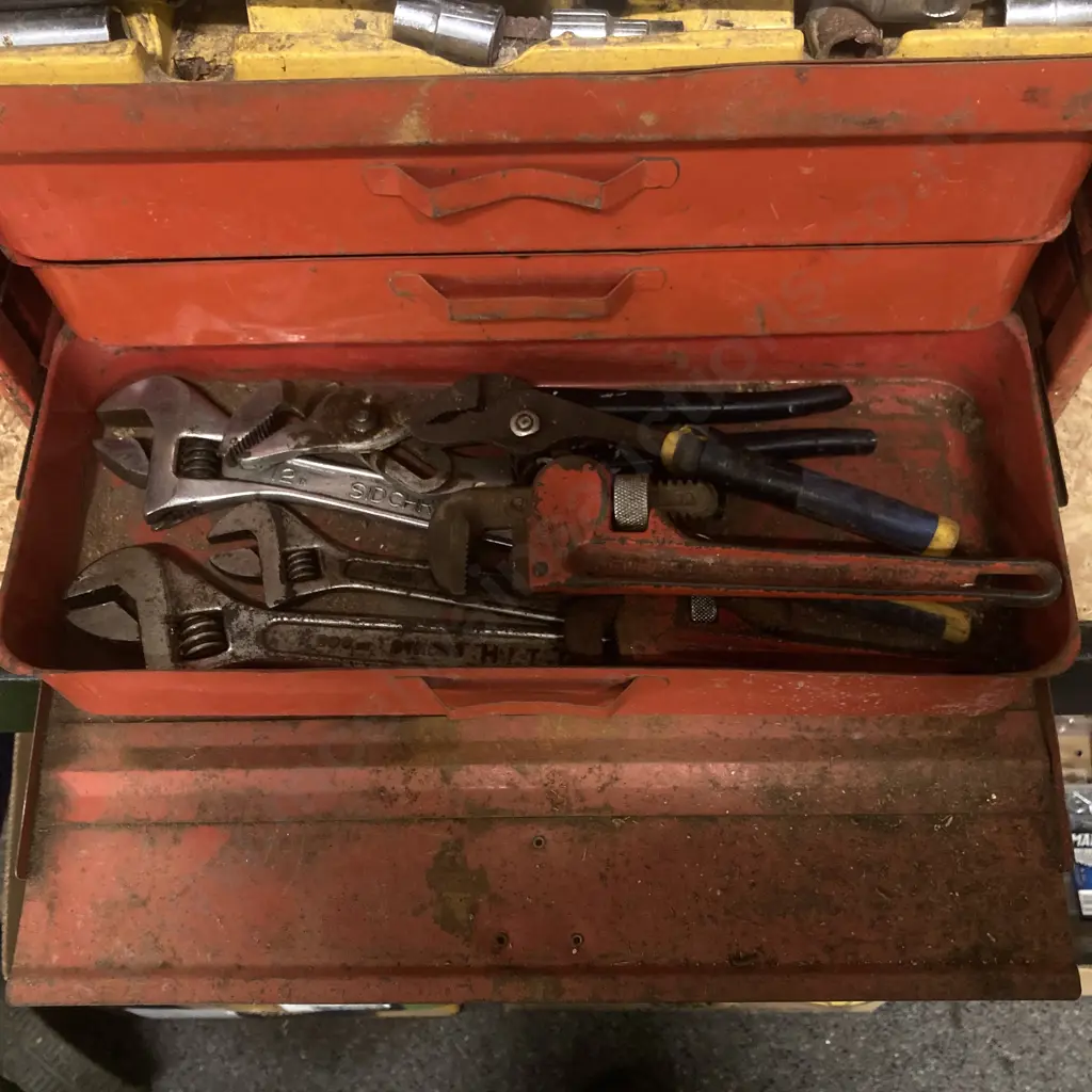 Sidchrome Steel Toolbox, 3 Drawer & Tray, Sockets, Wrenches, Spanners, Crescents, Pipe Wrench, Multi Grips Etc Image 1++