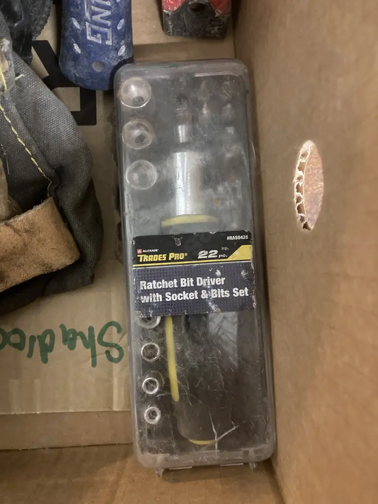 AEG Plastic Drill Case, Level, Trademaster & Fuller Screwdrivers, Builders Apron, Hammer, Incomplete Alltrade Socket Set Image 1++