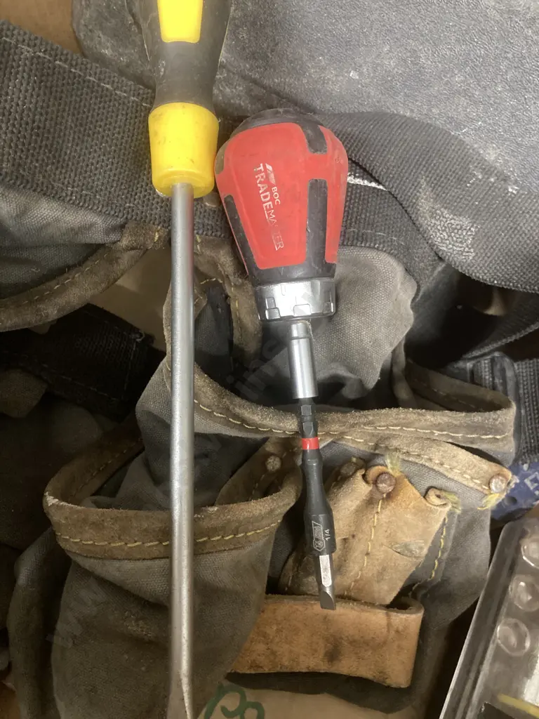 AEG Plastic Drill Case, Level, Trademaster & Fuller Screwdrivers, Builders Apron, Hammer, Incomplete Alltrade Socket Set Image 1++
