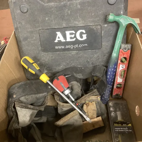 AEG Plastic Drill Case, Level, Trademaster & Fuller Screwdrivers, Builders Apron, Hammer, Incomplete Alltrade Socket Set