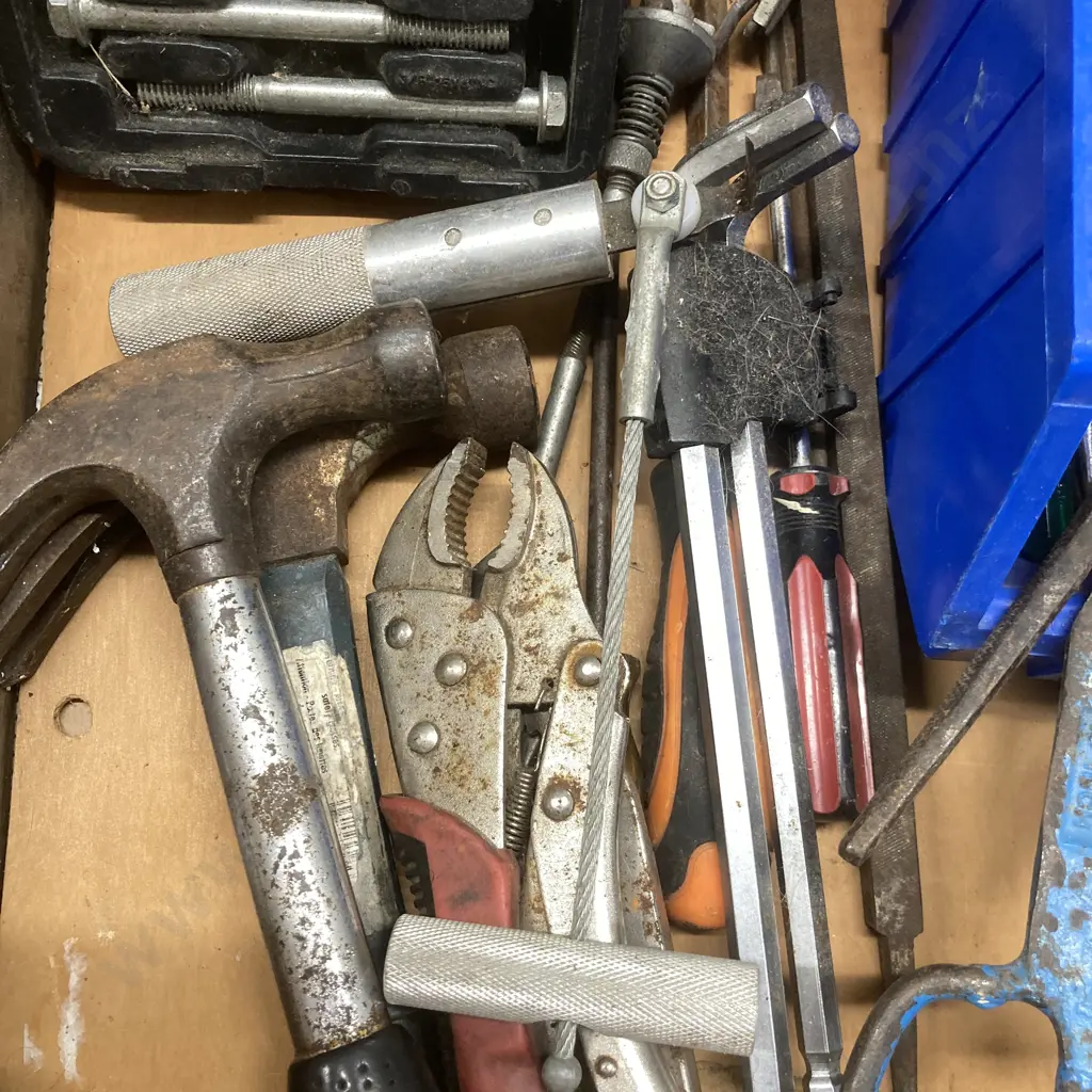 Box Lot Powerbuilt Steering Wheel Kit, Windscreen Removal Tool, Spanners, Drill Bits, Vice Grips, Screwdrivers Tools Etc Image 1++