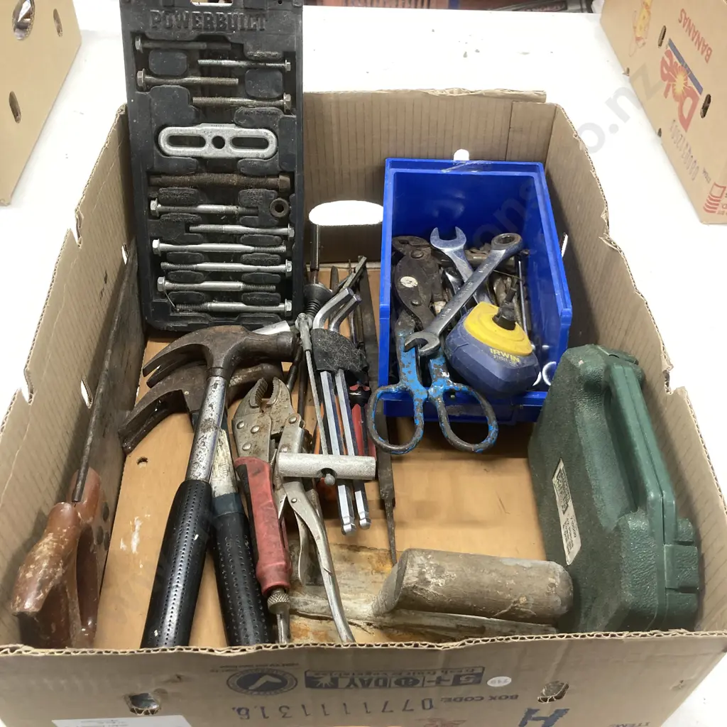 Box Lot Powerbuilt Steering Wheel Kit, Windscreen Removal Tool, Spanners, Drill Bits, Vice Grips, Screwdrivers Tools Etc Image 1++